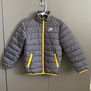 Nike Boy’s Puffer Jacket In Gray With Bright Yellow Accents